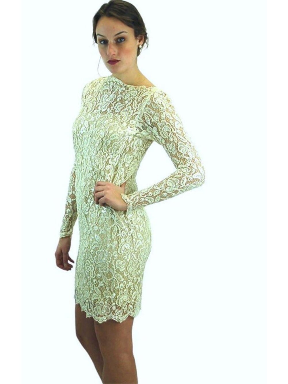 Lace dress with pearls and sequins short wedding dress button back Size S